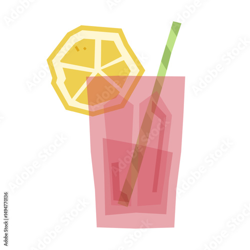 A stylized illustration of a pink drink in a glass, garnished with a lemon slice and green straw. The translucent layering and clean layout suggest refreshment, perfect for cocktail menus.