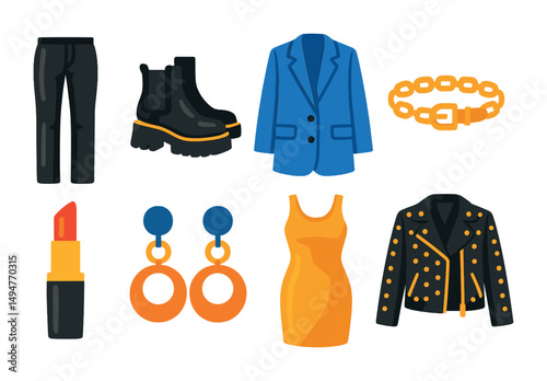 Fashion and style flat icons set – clothing, accessories, wardrobe elements