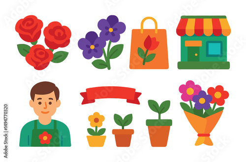 Gardening and florist flat icons set – plants, flowers, nature design elements