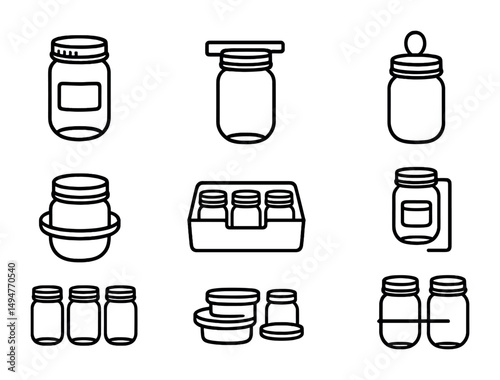 Food storage container outline icons set – linear, kitchen, pantry organization symbols