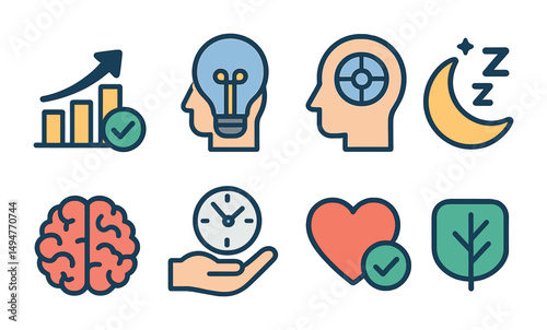 Mindset and growth outline icons set – flat, filled, productivity, resilience graphics