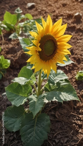A young sunflower, numerous broad leaves splayed on the earth, bathed in sunlight , stem, rural, texture