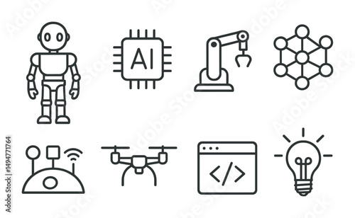 Technology and innovation linear icons set – ai, robotics, digital symbols