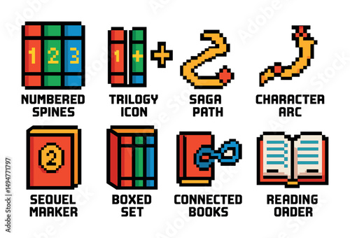 Library and reading pixel art icons set – includes books, comics, and literature symbols