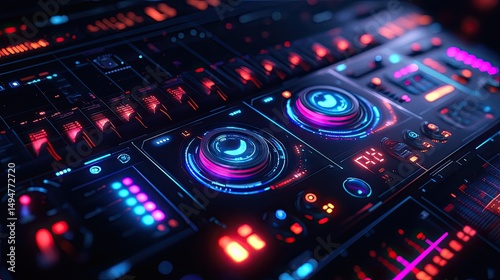 Immersive experience into the digital realm of music creation with a futuristic soundboard featuring vibrant