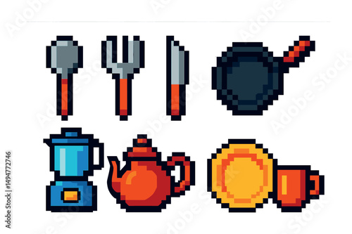 Kitchen and cooking icons set with pixel art – culinary, utensils, cookware graphics