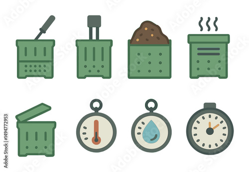 Composting and gardening icons set – flat, filled, plant and soil management symbols