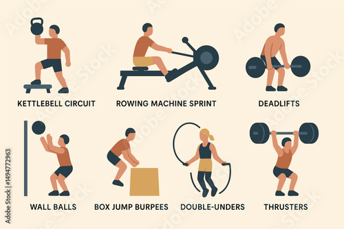 Crossfit and exercise icons set – flat, silhouette, fitness and workout symbols