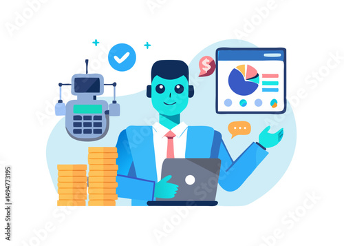 AI technology in finance. Character accountant working with artificial intelligence, chatbot, generative tools to calculate budget, tax, financial report. Vector illustration. 