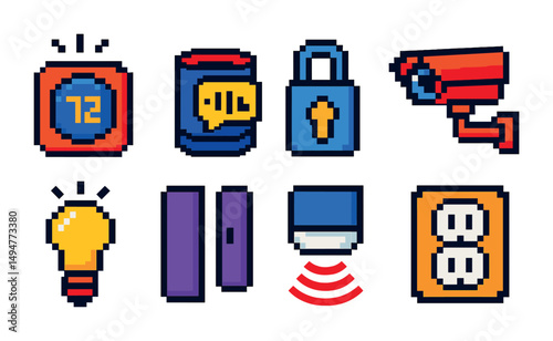 Surveillance and security pixel art icons set – digital, monitoring, protection symbols