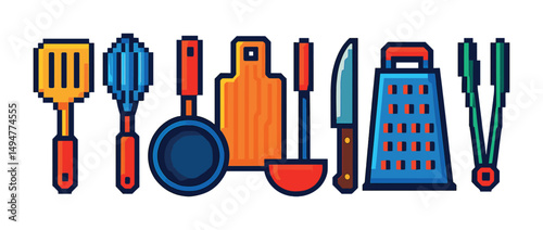 Kitchen tools pixel art icons set – utensils, cooking, culinary essentials