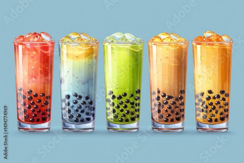 Multiple bubble tea drinks with tapioca pearls, each isolated against a clear backdrop.