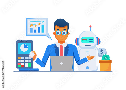 AI technology in finance. Character accountant working with artificial intelligence, chatbot, generative tools to calculate budget, tax, financial report. Vector illustration. 