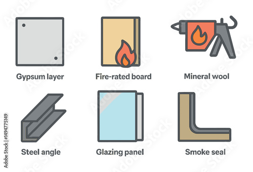 Construction safety icons set – flat, building materials and fire protection symbols