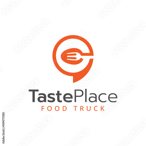 Modern mobile restaurant logo with pin spoon plate and fork symbol, ideal for premium food services on wheels. Perfect for gourmet dining brands and location-based culinary businesses.