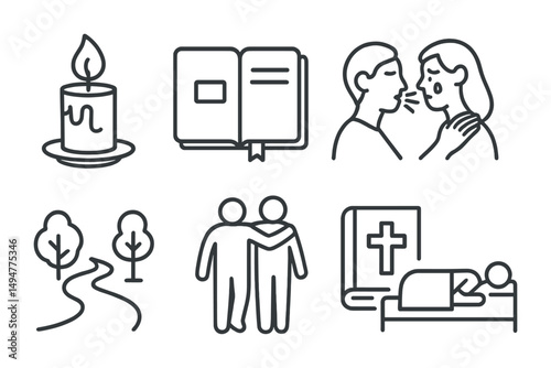Bereavement and support icons set – outline, linear, grief and condolence symbols