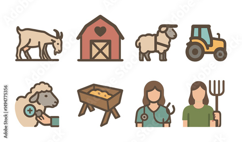 Farm animals flat icons set – agriculture, barnyard and rural symbols