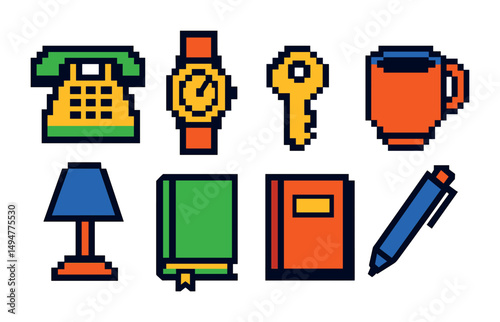Office supplies pixel art icons set – vibrant, retro, desk essentials collection