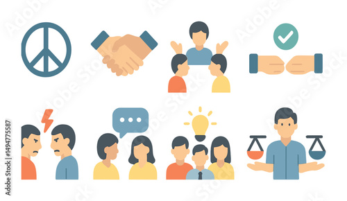 Conflict resolution icons set – flat, filled, mediation and peace symbols