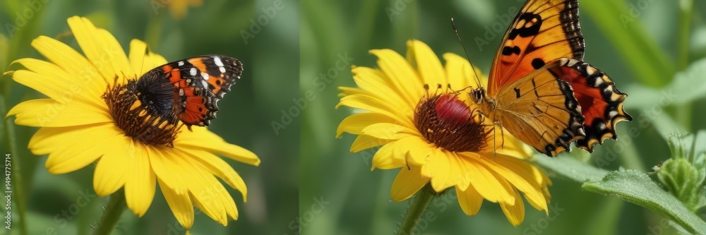 Fototapeta premium A vibrant butterfly and ladybug share a sunny yellow flower , wildlife photography, bloom