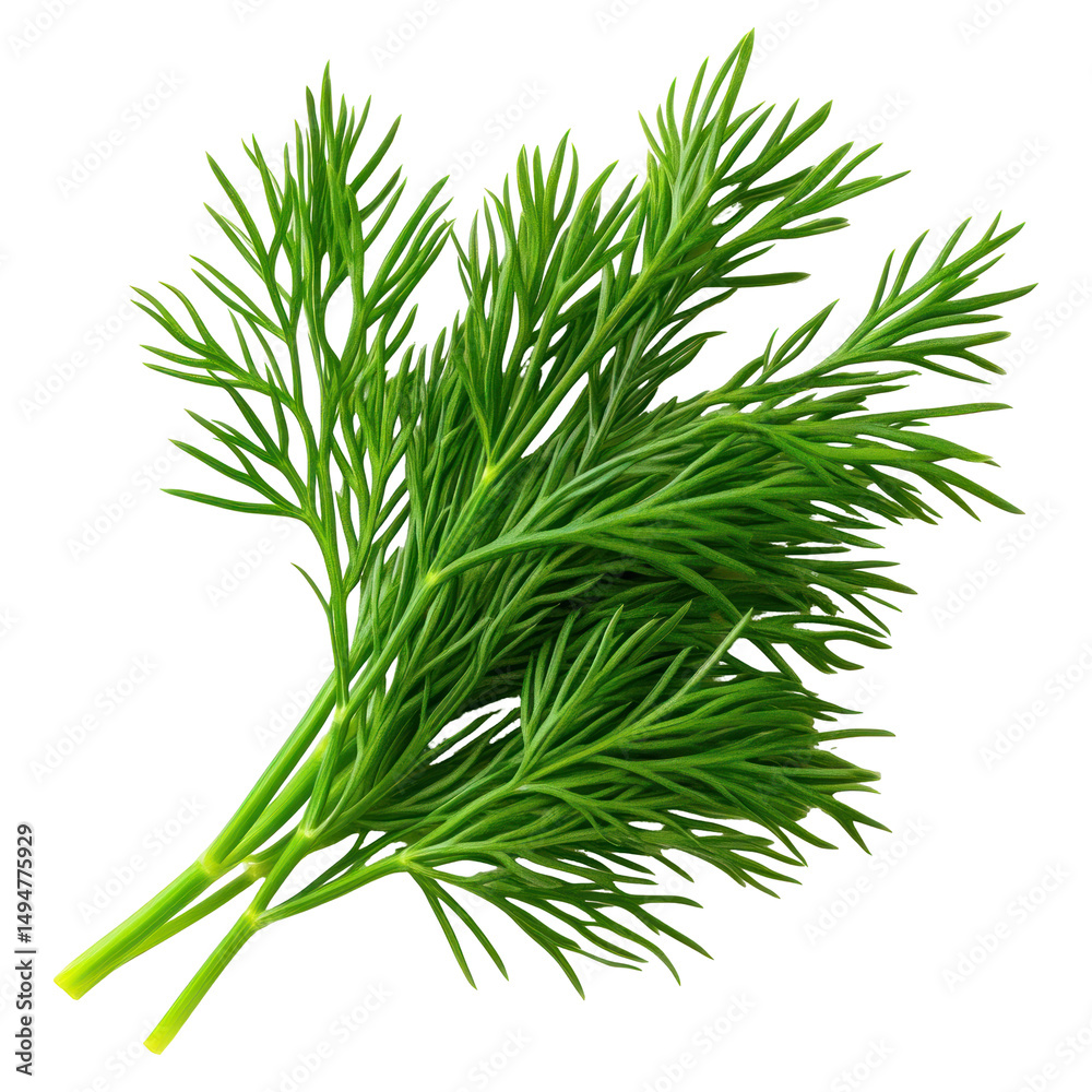 Fototapeta premium Fresh green dill sprigs isolated transparent background culinary herb