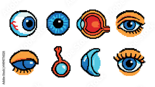 Vision and eye health pixel art icons set – isometric, anatomy, sight symbols