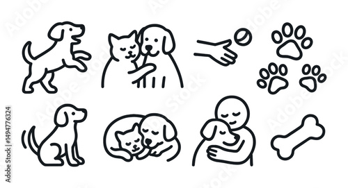 Pet care outline icons set – line, playful, animal companionship symbols