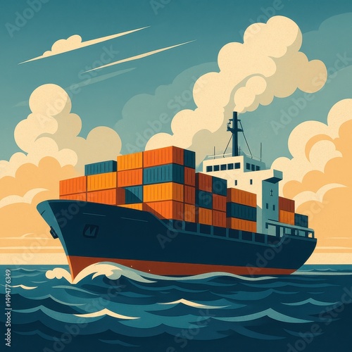 Cargo ship illustration in retro travel poster style at sea. AI-generated.