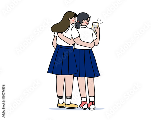 自撮りする女子高生の後ろ姿