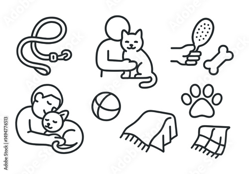 Pet care outline icons set – grooming, cuddling, pet accessories illustrations