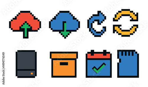 Cloud and data pixel art icons set – backup, storage, sync symbols