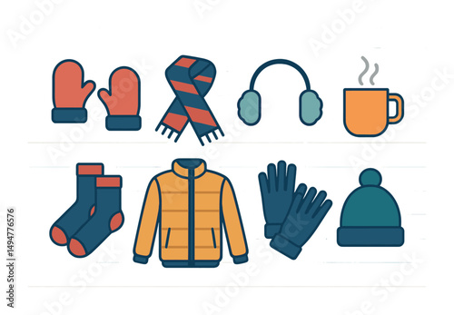 Winter clothing icons set – flat, filled, cold weather and cozy fashion symbols