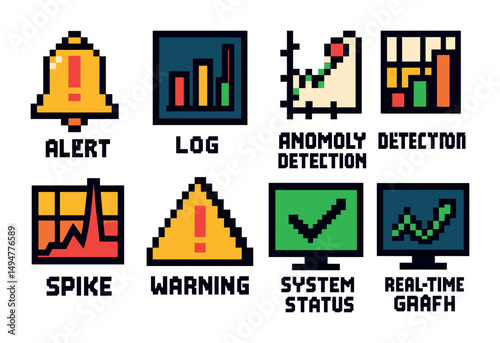 Pixel art technology icons with alert and status symbols for monitoring systems