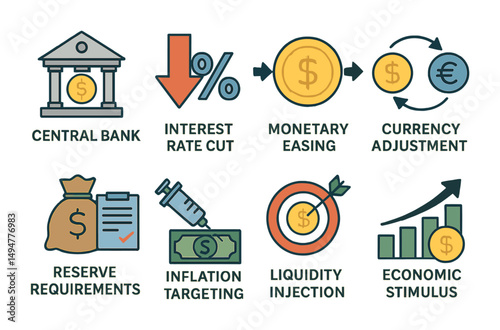 Economics and finance flat icons set – solid, monetary, banking symbols