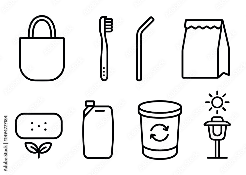 Eco-friendly and sustainable line icons set – reusable, green, zero waste symbols Eco-friendly and sustainable line icons set – reusable, green, zero waste symbols