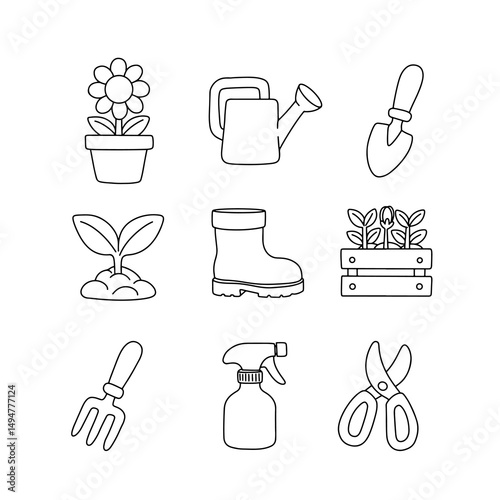 This icon set features Gardening Tools and Plants for enthusiasts, including symbols like boots and watering cans, promoting a green lifestyle and enhancing the gardening experience