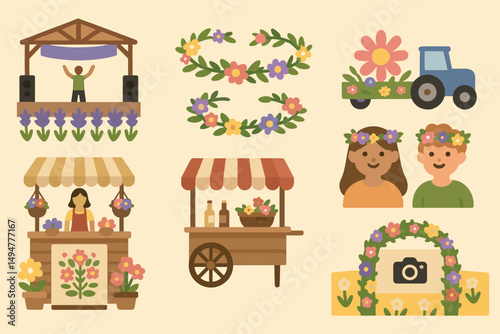 Flower festival linear icons set – outline, solid, celebration and event symbols