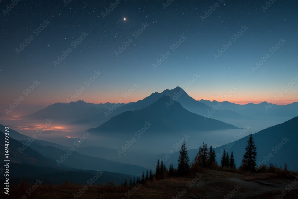 Fototapeta premium Serene mountain landscape at dusk with stars shining in the night sky over a valley