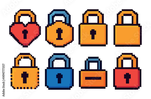 Security and protection icons set: pixel art, locks, padlock symbols