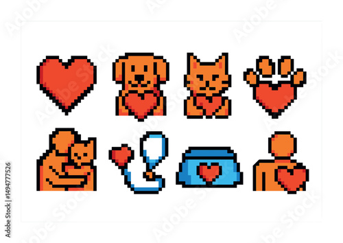 Pixel art animals and heart icons for pet love and care designs