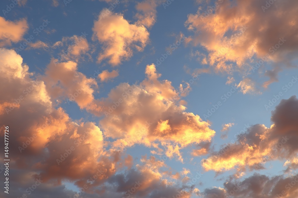 Fototapeta premium Beautiful sunset clouds fill the evening sky with vibrant colors above a tranquil landscape during golden hour