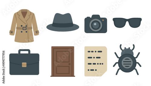 Detective and espionage icons set – essential elements, silhouette, mystery theme
