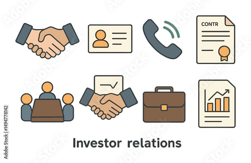 Business investor relations concept with meeting, documents, and icons for strategy design