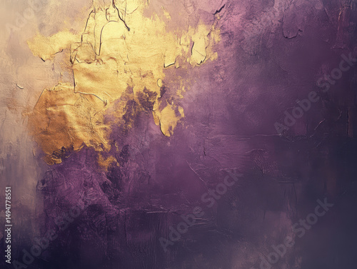 Abstract textured wall with vibrant purple and gold paint splashes creating a vivid artistic background suitable for design projects and creative displays