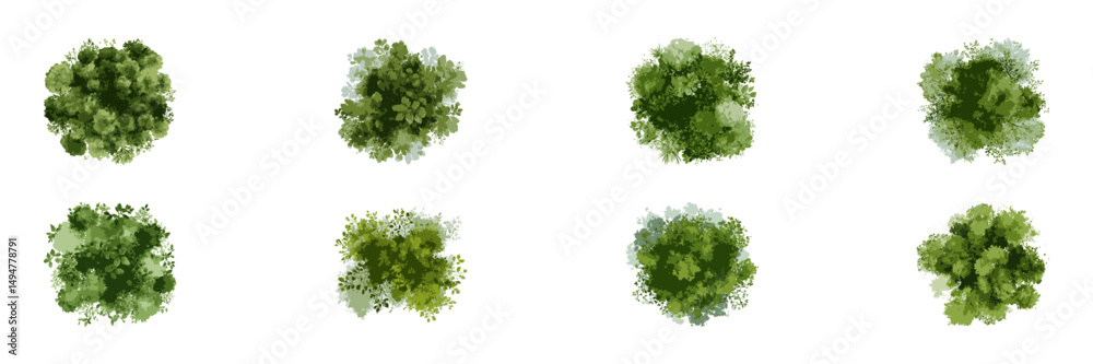 Top View Watercolor Bushes for Landscape and Park Planning. Sustainable Garden Elements for Environmental and Urban Green Projects. Isolated Vector Illustration