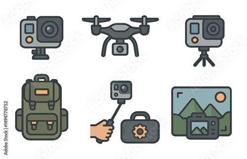 Adventure and exploration icons set – flat, outline, travel gear and camera symbols