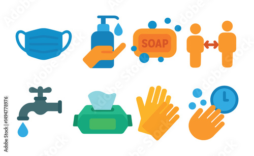 Hygiene and safety flat icons set – clean, health, sanitation symbols