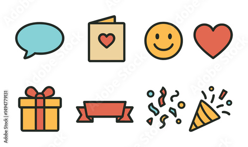 Celebration and party flat icons set – festive, joyful occasion symbols