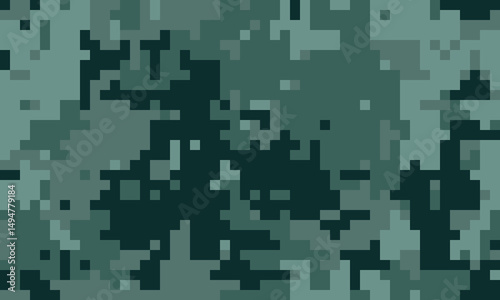 Abstract pixelated camouflage pattern in shades of green.  Perfect for backgrounds, textures, or digital art projects needing a military or tactical feel.  Modern, stylish, and versatile design.