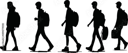 Silhouettes of students walking with backpacks vector style isolated simple vector art on white background